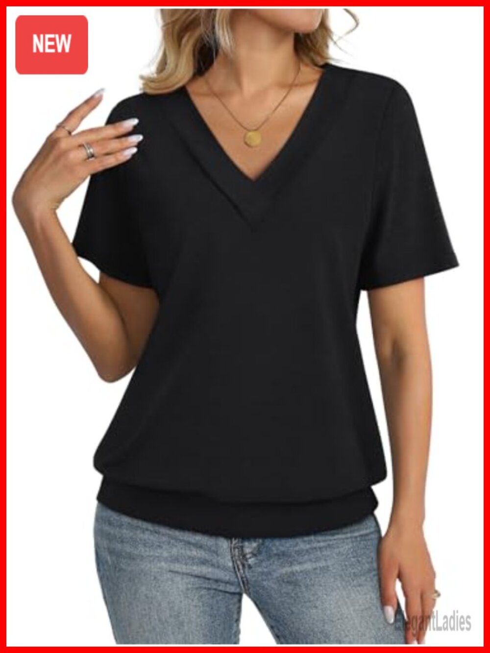 Womens Short Sleeve V Neck T Shirt Banded Bottom Loose Fit Tunic Top